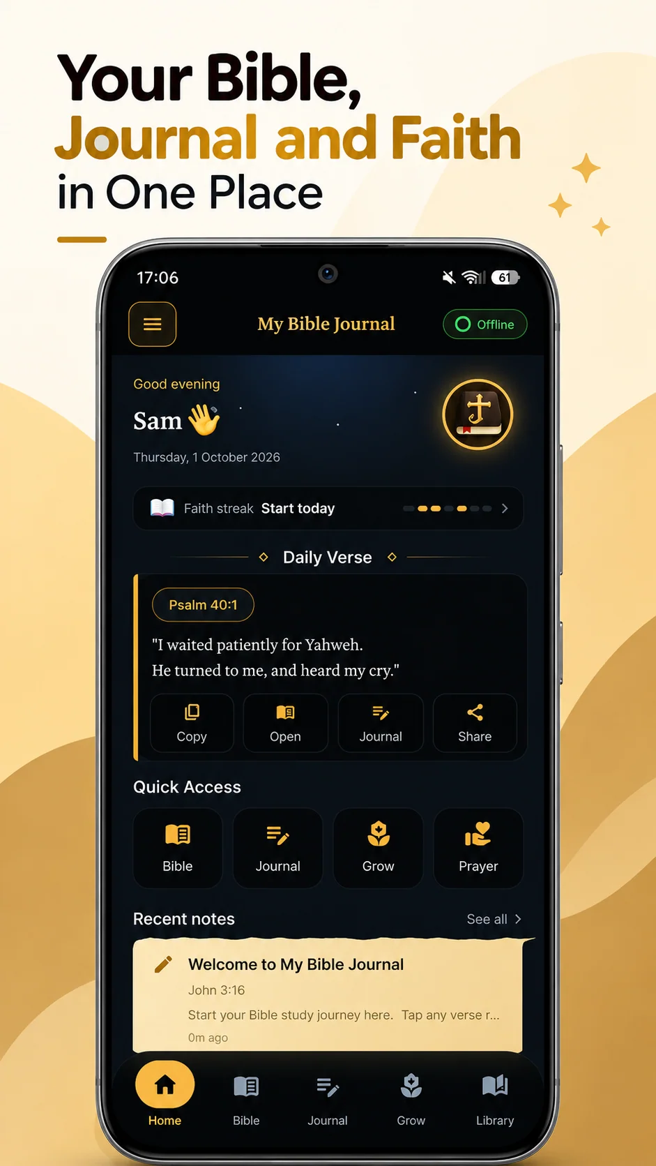 Actual My Bible Journal home screen showing daily verse, quick access and journal